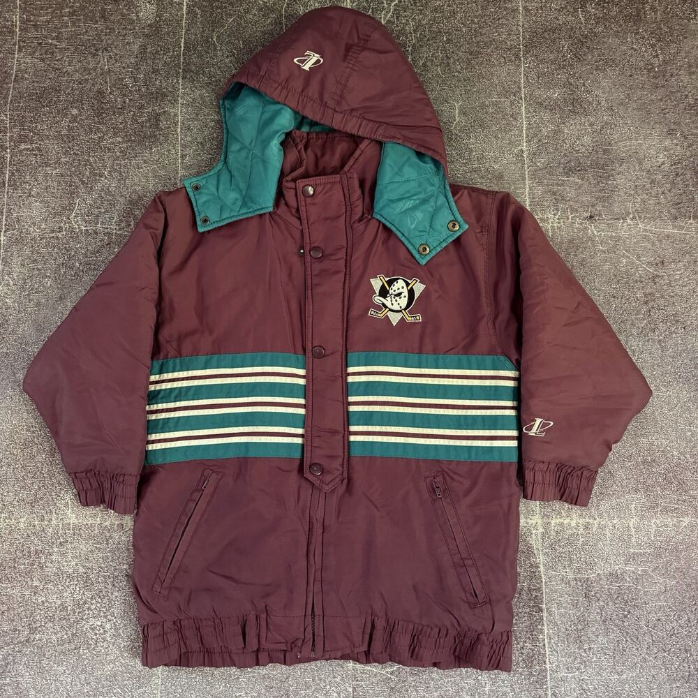Boy's Vintage 90's Logo Athletic Anaheim Mighty Ducks Hooded Puffer Jacket Sz S